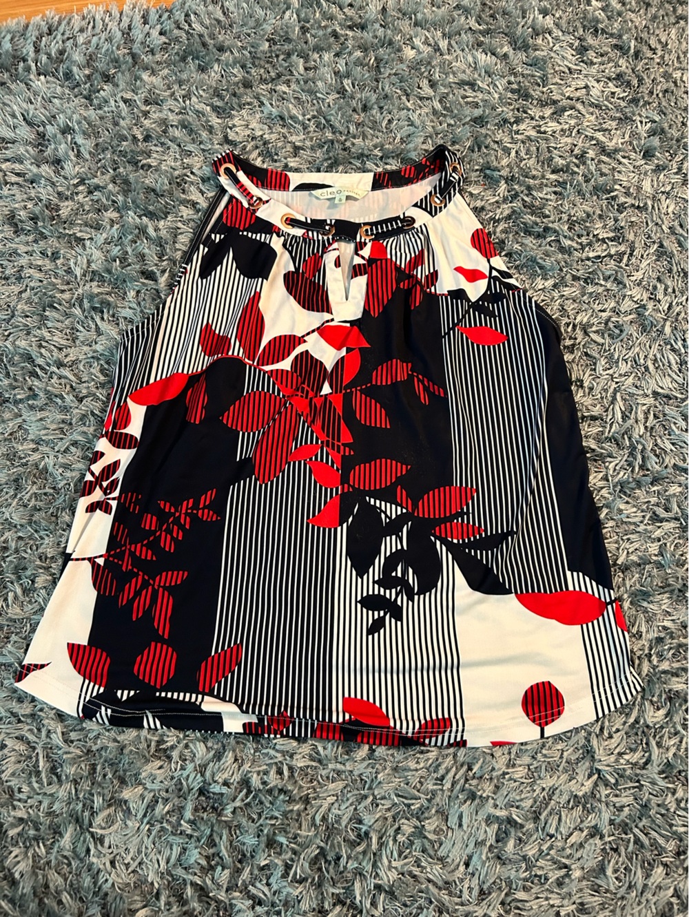 Women’s Cleo Xl Striped Floral Halter Tank Top - Red, Black & White